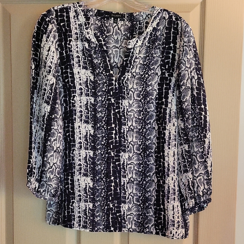 Talbots Black and White Patterned Blouse, 100% Silk